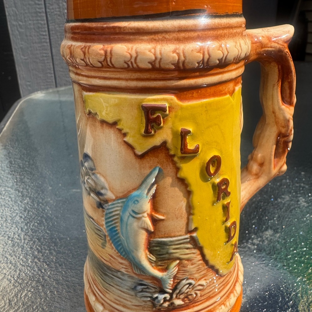 Florida Ceramic Decorative Stein - Yellow & Brown Floridian Design
